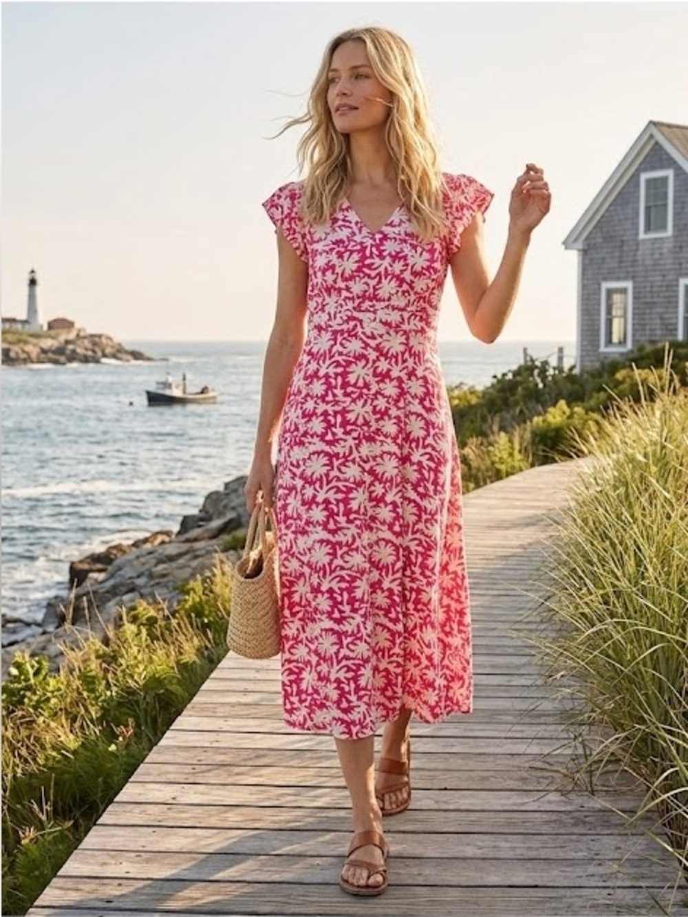 Lanidor Pink & White Floral Midi Dress Size Large New With Tags Resort Dress